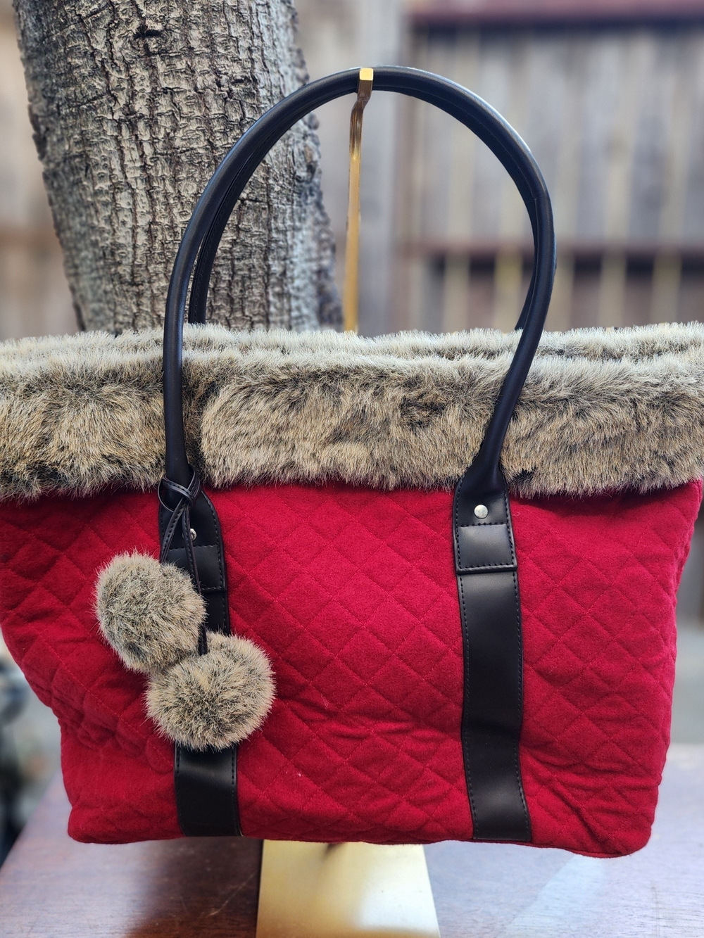 Bath & Body Works Red Quilted Wool Blend Tote Bag Faux Fur Trim Pom Poms
